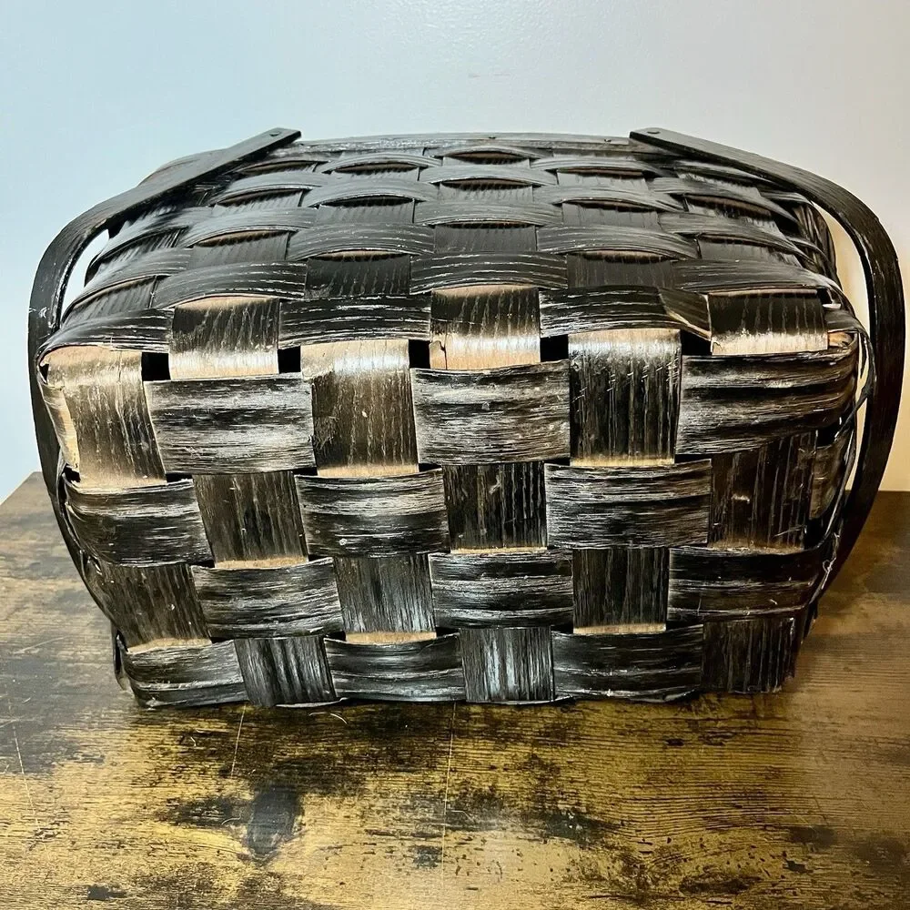 Vintage Woven Wood Picnic Basket w Lid Black Farmhouse Rustic Storage Basket